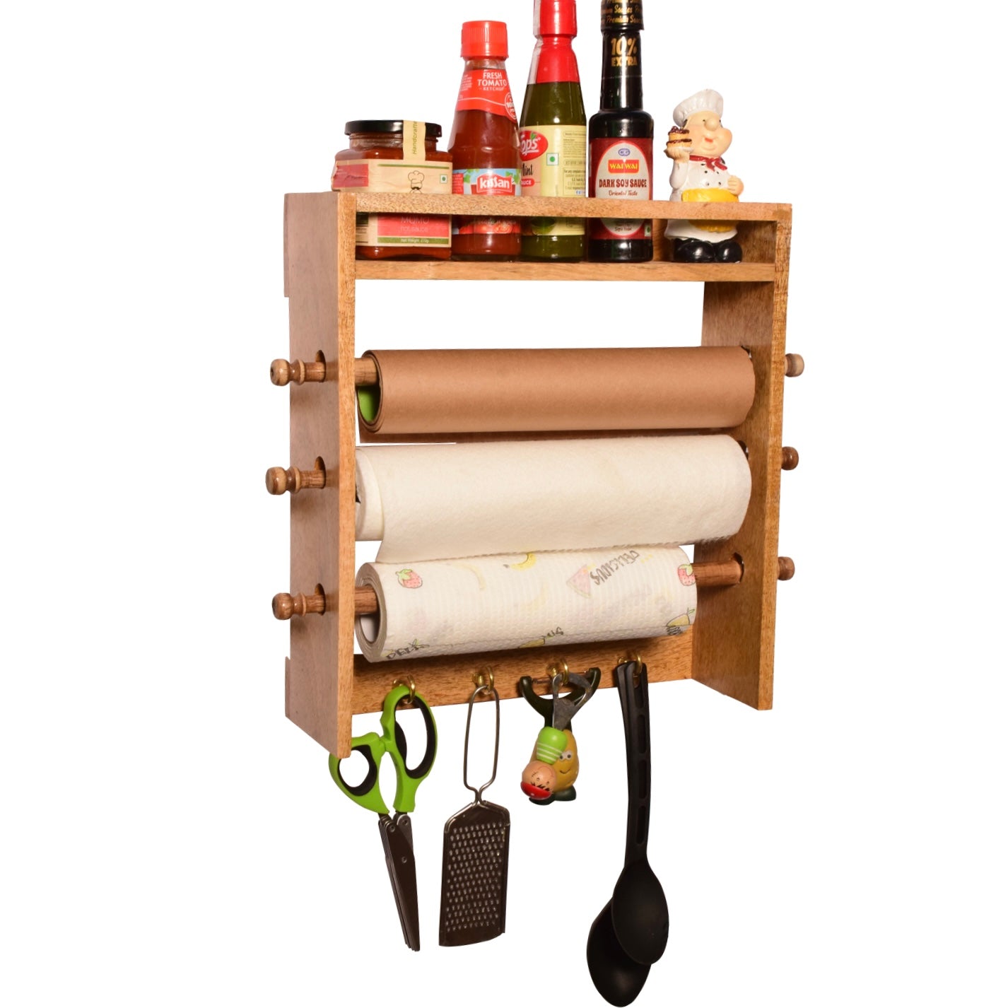 Solid Oak Paper Towel Holder with Spice Rack