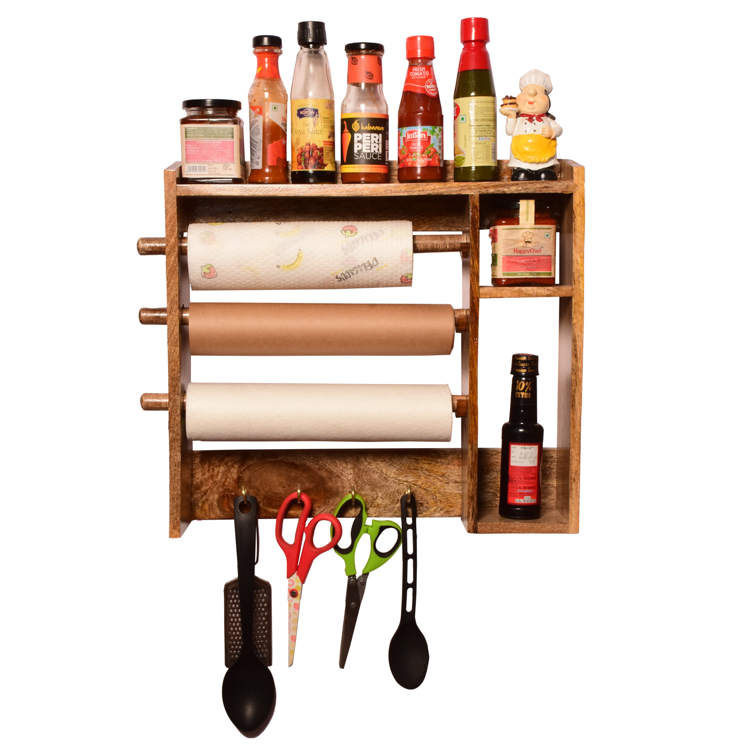 Teak Spice Rack with Paper Towel Holder - 13-1/16 W x 10 H x 3-3