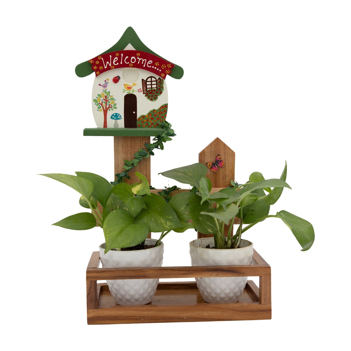 The Weaver's Nest: Wooden Hand Painted Welcome House Planter with Creeper