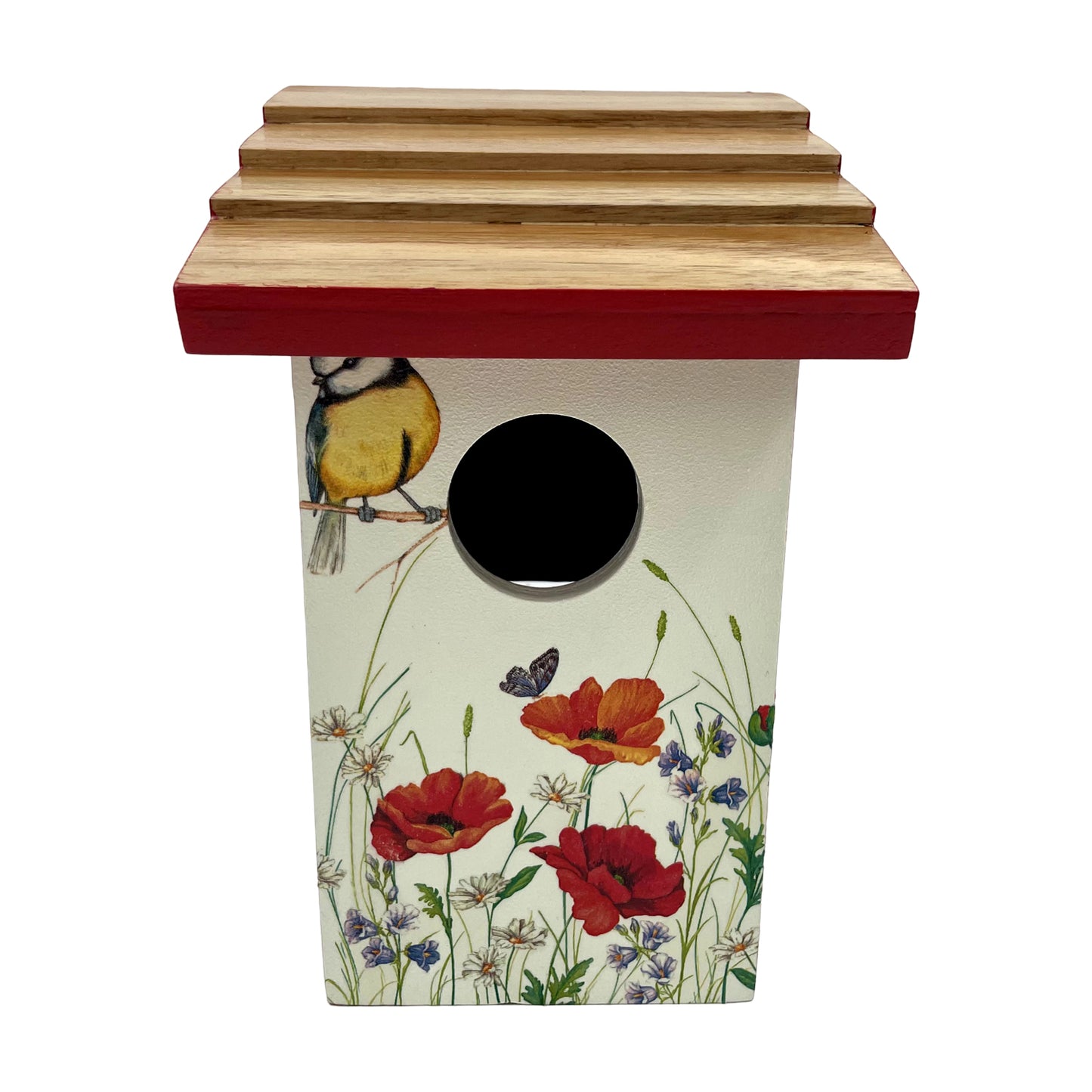 Teak Roof Bird House with Poppies