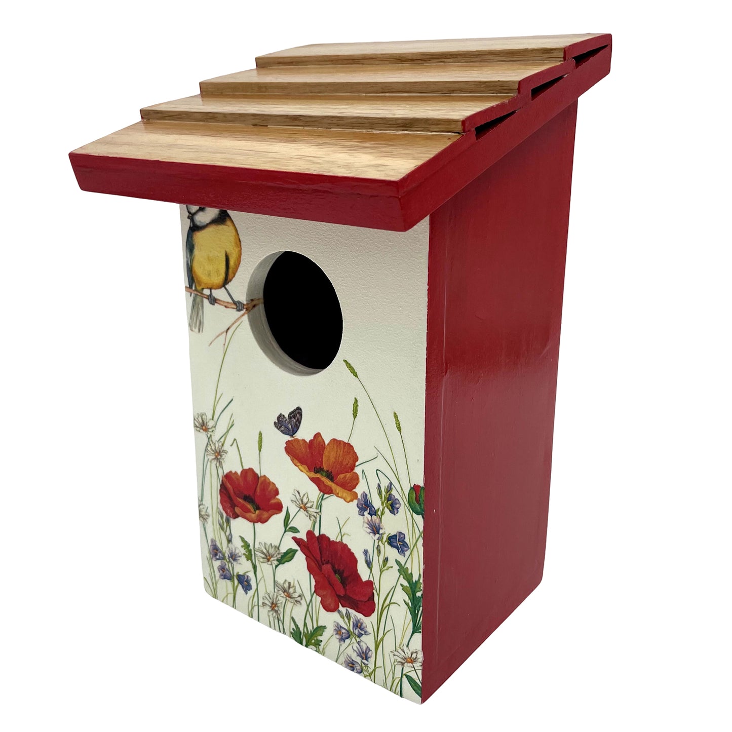 Teak Roof Bird House with Poppies