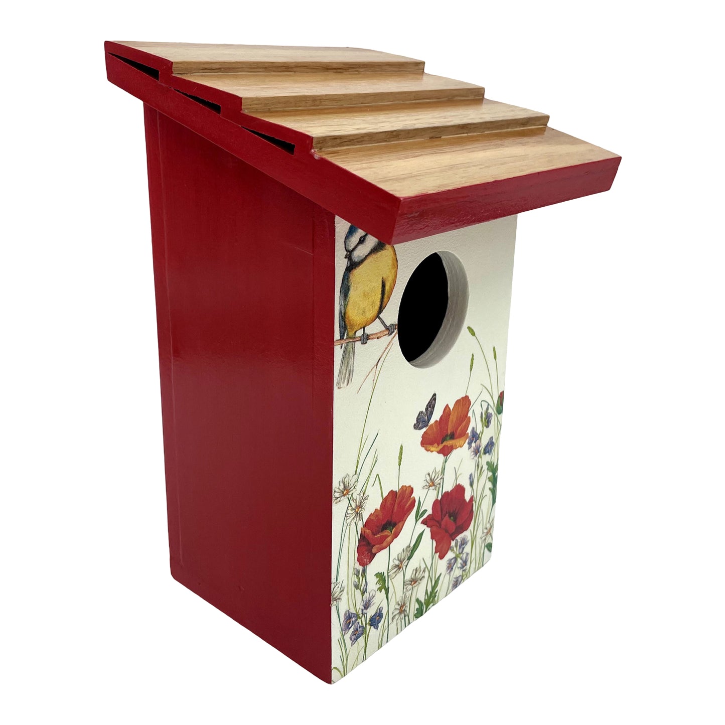 Teak Roof Bird House with Poppies