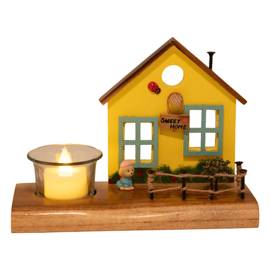 Vintage Wooden Yellow Cottage House Tea Light / Candle Holder Decor