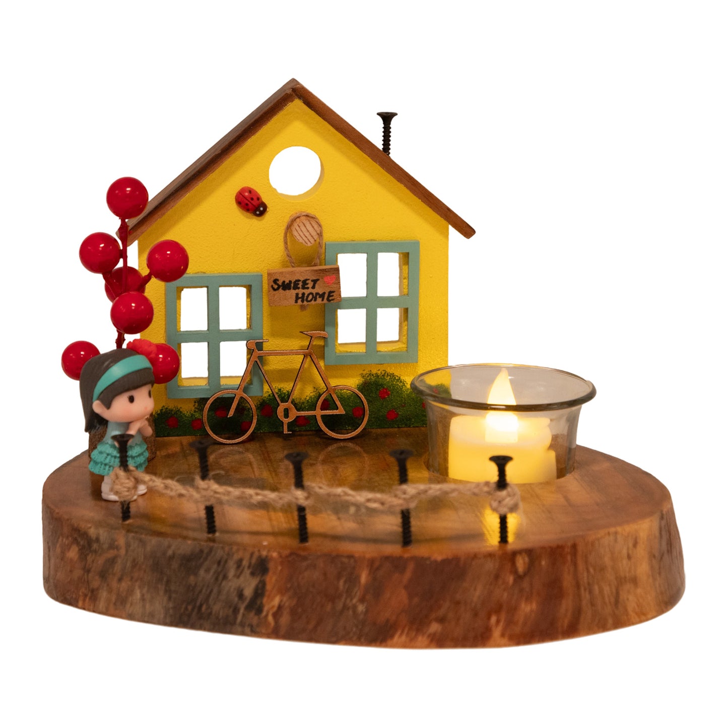 Vintage Wooden Yellow House Tea Light / Candle Holder Décor