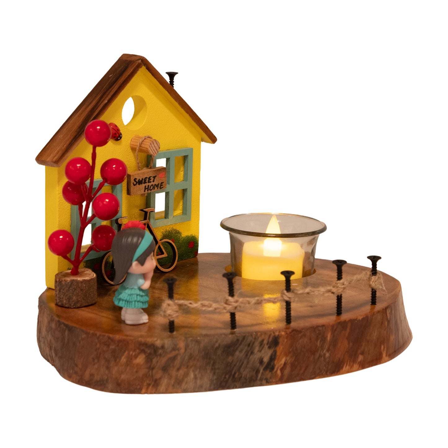 Vintage Wooden Yellow House Tea Light / Candle Holder Décor