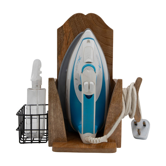 The Weaver's Nest Solid wood Wall Mounted Electric Iron Holder with Bottle storage, Laundry Room Iron Storage organizer