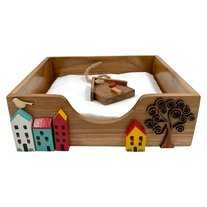 The Weaver's Nest Teak Wood Napkin Holder- Row of Houses