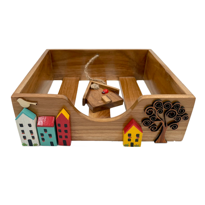 The Weaver's Nest Teak Wood Napkin Holder- Row of Houses