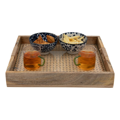 Rattan Weave Solid Wood Serving Tray