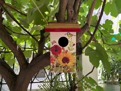 The Weaver's Nest Teak Roof Bird House with Floral Meadows