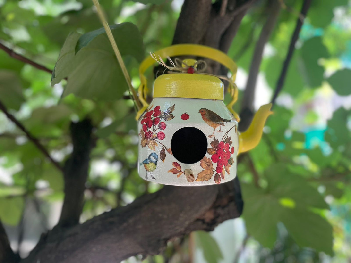 The Weaver's Nest Tea Pot / Kettle Shaped Yellow Hanging Bird House