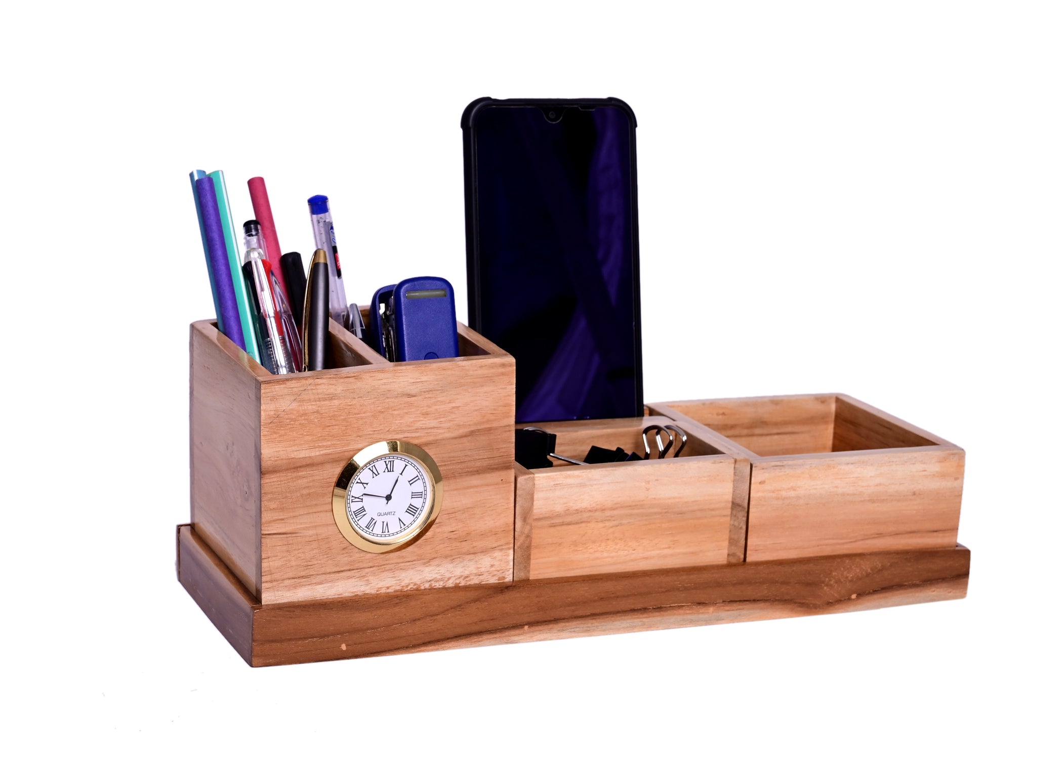 Wooden Pen hot Holder With Clock - Wooden Table Clock, Wood Pencil Holder, Decorative Clock Desk Organizer, Pen holder for desk.